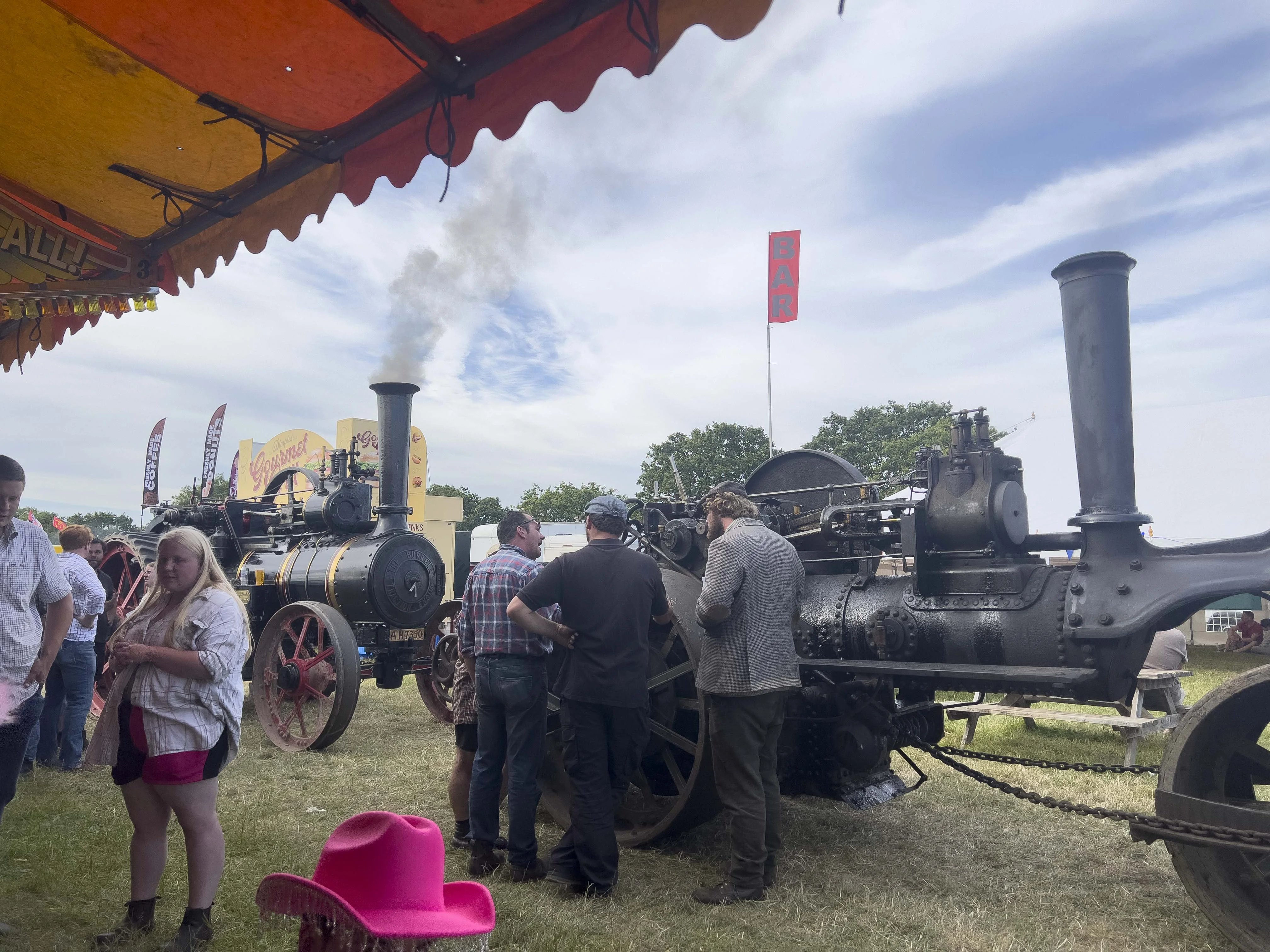 Two steam engines in front of the beer tent