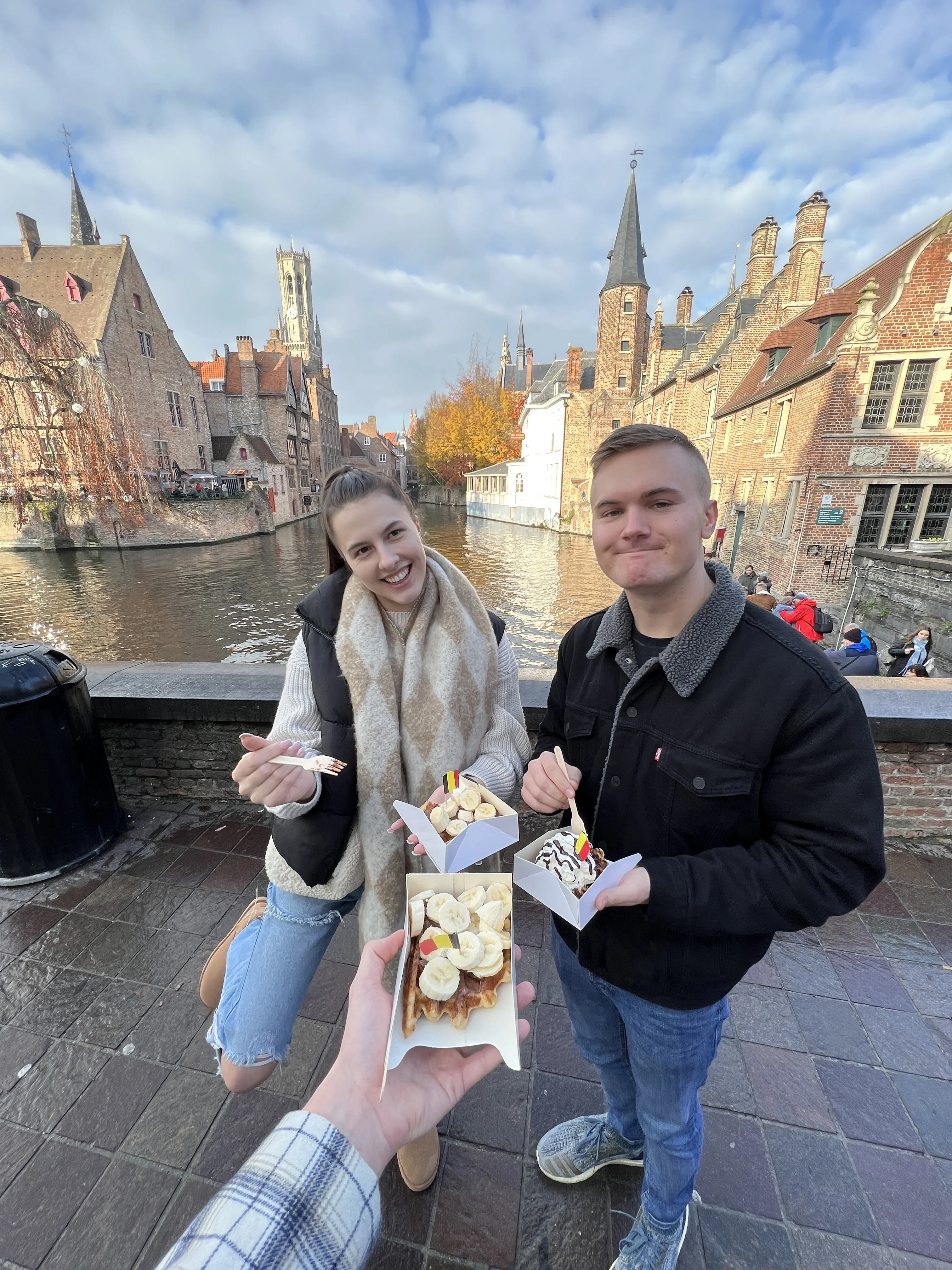 Winter streets in Bruges with festive decorations